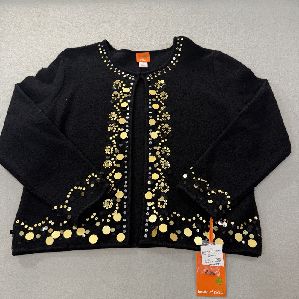 Hearts of Palm Fantasia XL Black 100% Boiled Wool Sequin Cardigan Sweater Gold